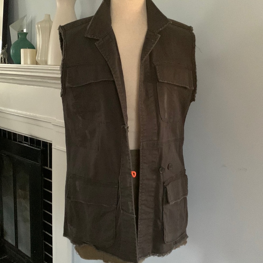 Boho style utility vest in dark gray with contrast white blue stripes on back - Picture 3 of 15